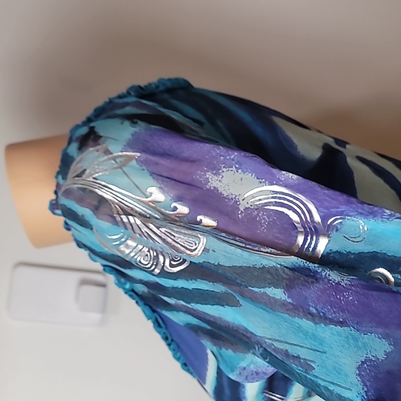 Forbidden Blue Ruffle Neck-line Sheer Balloon Sleeves Blouse - Picture 10 of 17